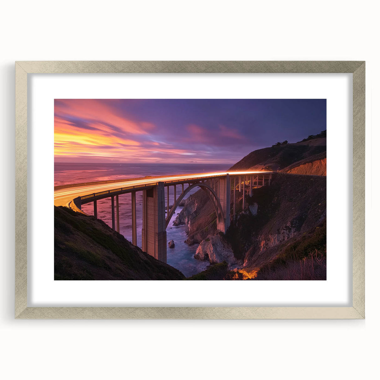 Silver landscape bridge frame with a mat, showcasing a front view that highlights its sleek design and modern aesthetic, perfect for enhancing home decor.