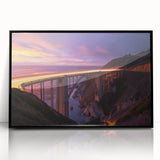 Framed acrylic artwork depicting a striking landscape bridge scene with a black frame, showcasing vibrant colors and intricate details, ideal for home decor.