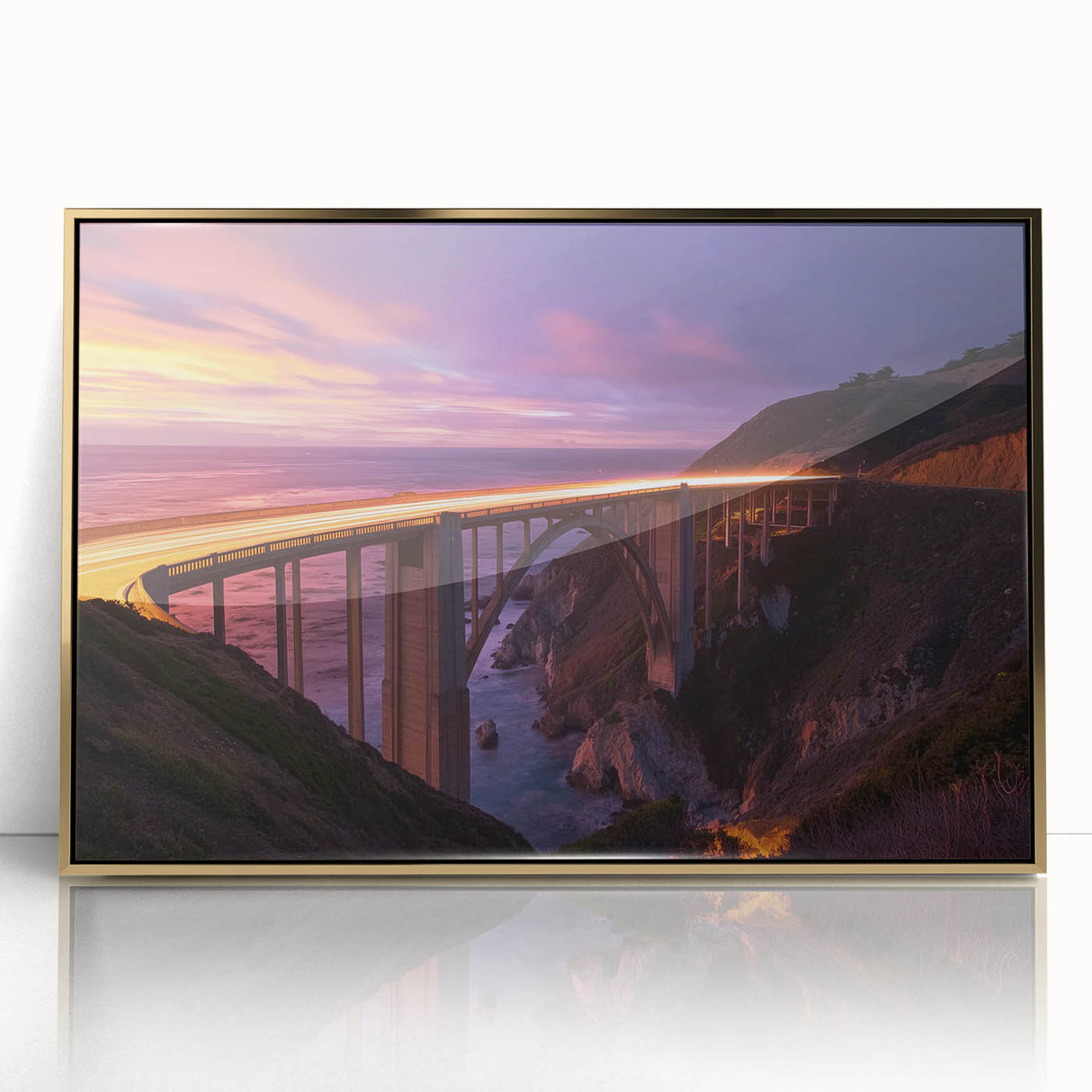 Framed acrylic artwork of a golden landscape bridge, showcasing intricate details and vibrant colors, ideal for modern home decor and art enthusiasts.