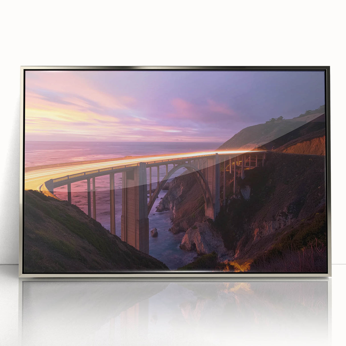 Framed acrylic artwork of a landscape bridge, showcasing vibrant colors and intricate details. Perfect for modern home decor, adding elegance and depth to any space.