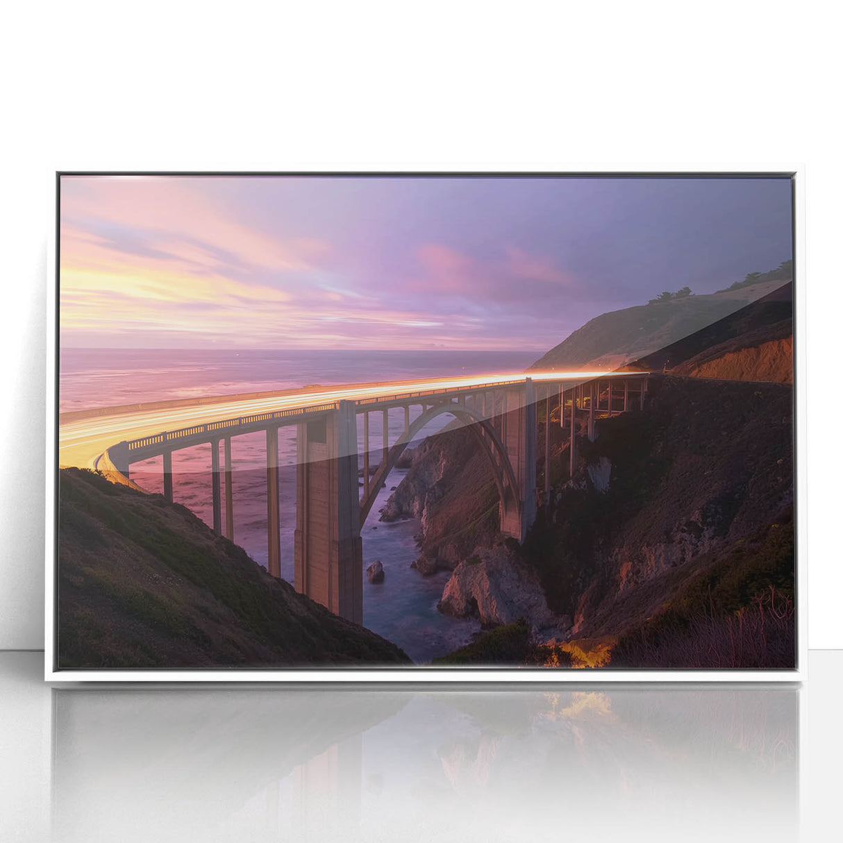 Framed acrylic artwork of a landscape bridge scene, showcasing vibrant colors and intricate details, perfect for enhancing home decor and creating a serene ambiance.