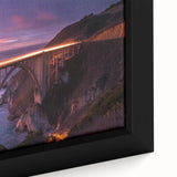 Close-up of a framed canvas artwork depicting a serene landscape bridge surrounded by vibrant greenery, showcasing intricate details and rich colors, ideal for home decor.