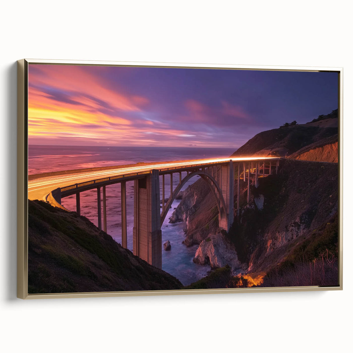 Framed canvas artwork showcasing a side view of a stunning landscape bridge design, featuring rich gold tones and intricate details, perfect for home decor enthusiasts.