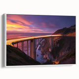 Framed canvas artwork depicting a serene landscape with a bridge, showcasing vibrant colors and detailed textures, ideal for home decor. Side view highlights its elegant white frame, perfect for enhancing any room's ambiance.