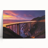 Stretched canvas artwork depicting a serene landscape bridge scene, featuring vibrant colors and intricate details, ideal for home decor and artistic ambiance.