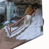 Close-up of a vibrant acrylic glass artwork depicting colorful canyons, showcasing intricate textures and rich hues, perfect for modern decor in living spaces.