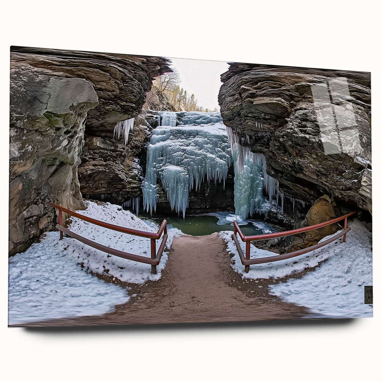 Acrylic glass landscape artwork depicting vibrant canyons in rich colors, viewed from the side, showcasing its sleek design without mounting pins. Perfect for modern home decor.