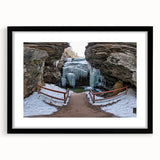 Landscape artwork depicting majestic canyons framed in a sleek black mat, showcasing vibrant colors and intricate details, perfect for home decor and nature enthusiasts.