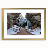 Landscape artwork depicting a stunning canyon scene, framed in elegant gold with a mat. Ideal for home decor, this piece adds a touch of nature-inspired elegance to any space.