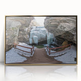 Framed acrylic wall art depicting a stunning landscape of canyons in vibrant gold tones, showcasing natural beauty and elegance for home decor. Perfect for enhancing modern interiors.