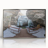 Framed acrylic artwork depicting a stunning landscape of canyons in silver tones, showcasing intricate details and vibrant colors, perfect for home decor.