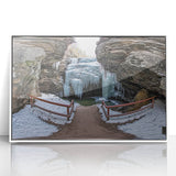 Framed acrylic artwork showcasing a stunning landscape of colorful canyons, set against a white background, ideal for modern home decor and artistic expression.