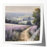 Vibrant landscape wall art print showcasing a serene countryside scene with lush green fields, blue skies, and distant mountains, ideal for home decor.