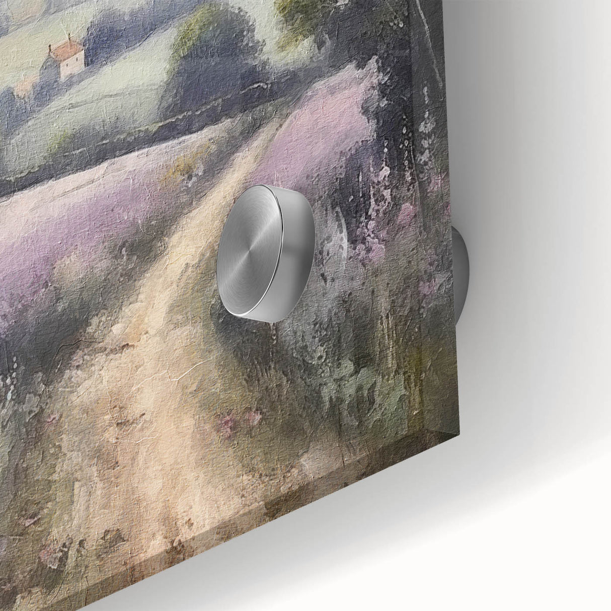 Close-up of a vibrant landscape wall art piece featuring a serene countryside scene, beautifully crafted on acrylic glass, showcasing rich colors and intricate details. Perfect for enhancing any living space with a touch of nature-inspired decor.