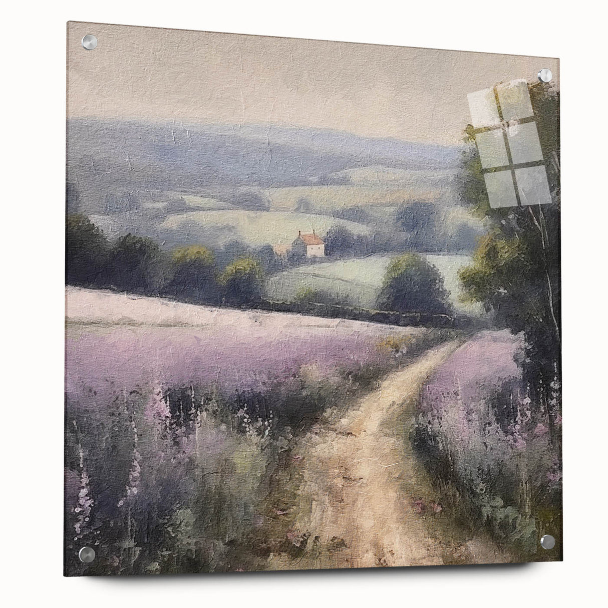 Acrylic glass wall art showcasing a serene countryside landscape design, displayed with pins on a wooden surface, perfect for enhancing home decor.