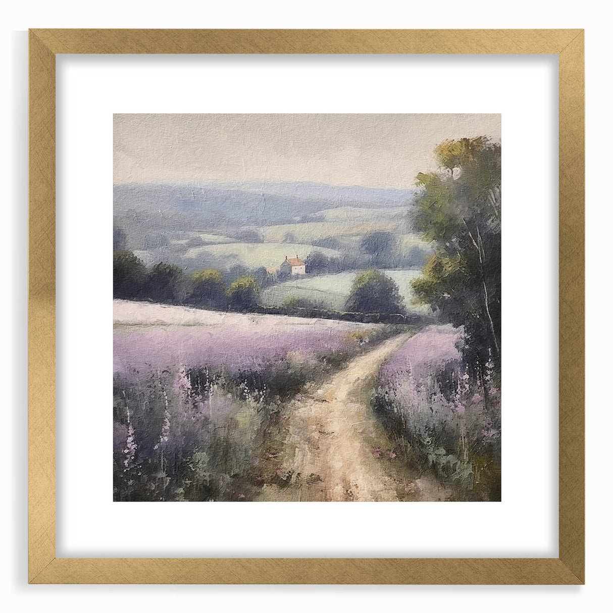 Landscape countryside wall art framed in gold with a white mat, showcasing vibrant green fields and a serene sky, ideal for enhancing home decor aesthetics.