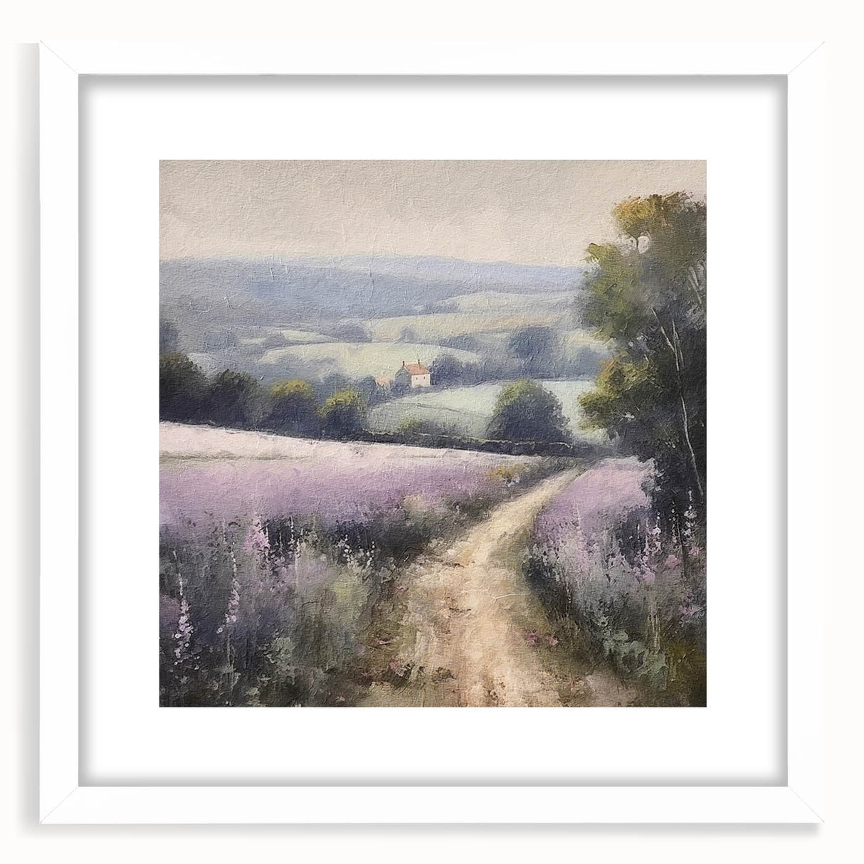 Landscape wall art frame featuring a serene countryside scene with vibrant greens and blues, accented by a white mat, ideal for home decor.