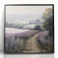 Framed acrylic wall art depicting a serene countryside landscape, featuring lush green fields and a bright blue sky, elegantly displayed with a sleek black frame.