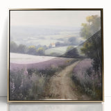 Framed acrylic wall art showcasing a serene countryside landscape, featuring vibrant green fields and a clear blue sky. The gold frame adds a touch of elegance, perfect for enhancing any living space decor. Ideal for nature lovers and home decorators.