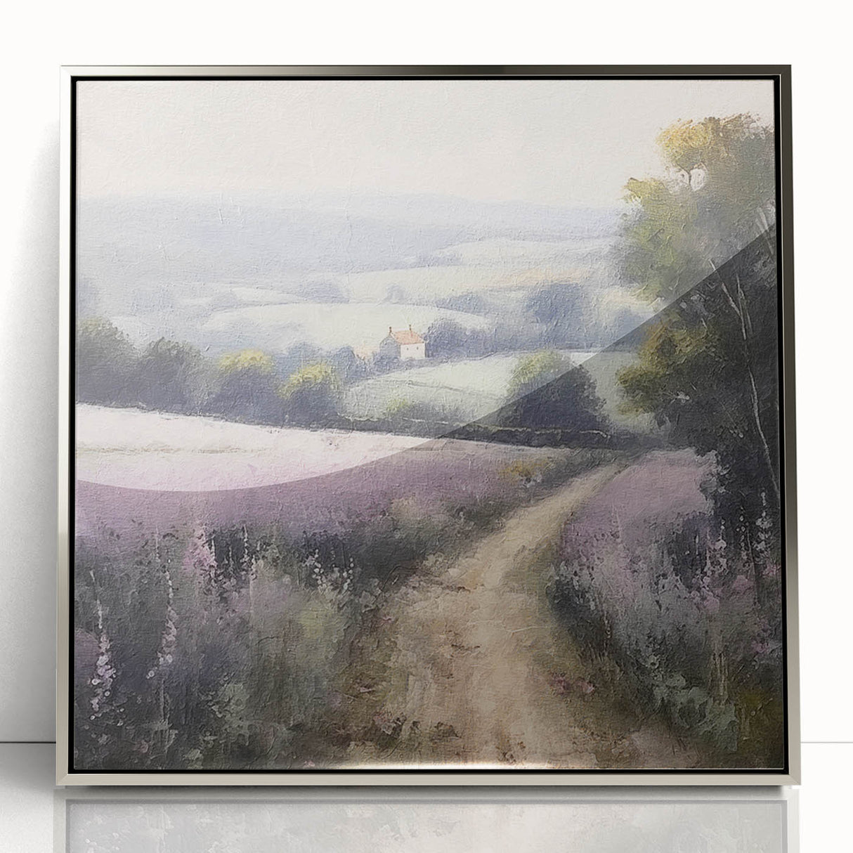 Framed acrylic wall art showcasing a serene landscape in vibrant greens and blues, perfect for enhancing home decor with a countryside theme. Ideal for nature lovers.