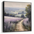 Framed canvas wall art depicting a serene landscape of rolling hills and vibrant greenery, featuring a sleek black frame that enhances the natural beauty. Perfect for home decor, this artwork brings a calming touch to any room.