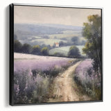 Framed canvas wall art depicting a serene landscape of rolling hills and vibrant greenery, featuring a sleek black frame that enhances the natural beauty. Perfect for home decor, this artwork brings a calming touch to any room.