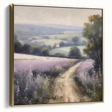 Framed wall art depicting a serene countryside landscape featuring lush green fields and a golden sky at sunset, elegantly presented in a silver and gold frame.