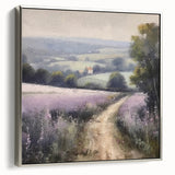 Framed canvas wall art depicting a serene landscape of rolling hills and a vibrant sky, elegantly bordered in silver, perfect for enhancing home decor.