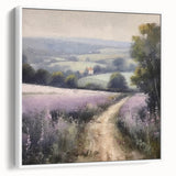 Framed landscape wall art showcasing a serene countryside scene with rolling hills and a clear blue sky, presented in a sleek white frame, ideal for home decor.