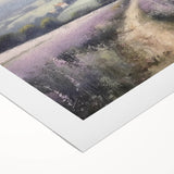 Landscape wall art on rolled canvas showcasing a serene countryside scene with rolling hills, lush greenery, and a soft blue sky, perfect for home decor.