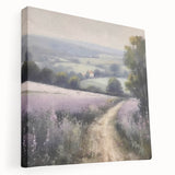 Stretched canvas wall art depicting a serene countryside landscape, featuring lush green fields, vibrant trees, and a clear blue sky, ideal for home decor.