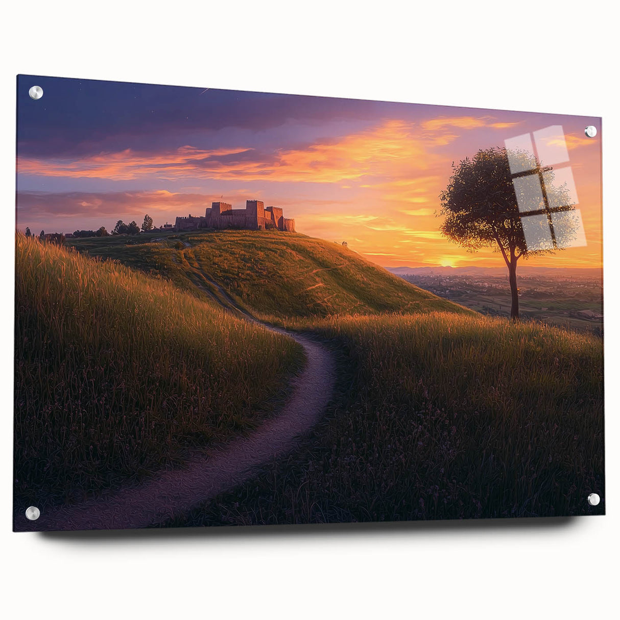 Acrylic glass artwork showcasing a vibrant countryside landscape design, displayed in a side view with pins for mounting. Ideal for home decor enthusiasts seeking rustic charm.