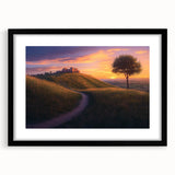 Black-framed countryside landscape art print with a white mat, showcasing serene rolling hills and a clear blue sky, ideal for home decor and enhancing living spaces.