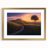 Elegant gold-framed landscape artwork depicting a serene countryside scene with lush greenery and rolling hills, ideal for enhancing home decor and ambiance.