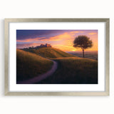 Framed landscape artwork depicting a serene countryside scene with vibrant greens and blues, featuring a stylish silver mat, ideal for home decor.