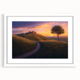 Countryside landscape framed art with a white mat, showcasing vibrant green fields, a clear blue sky, and rustic farm elements, ideal for home decor.