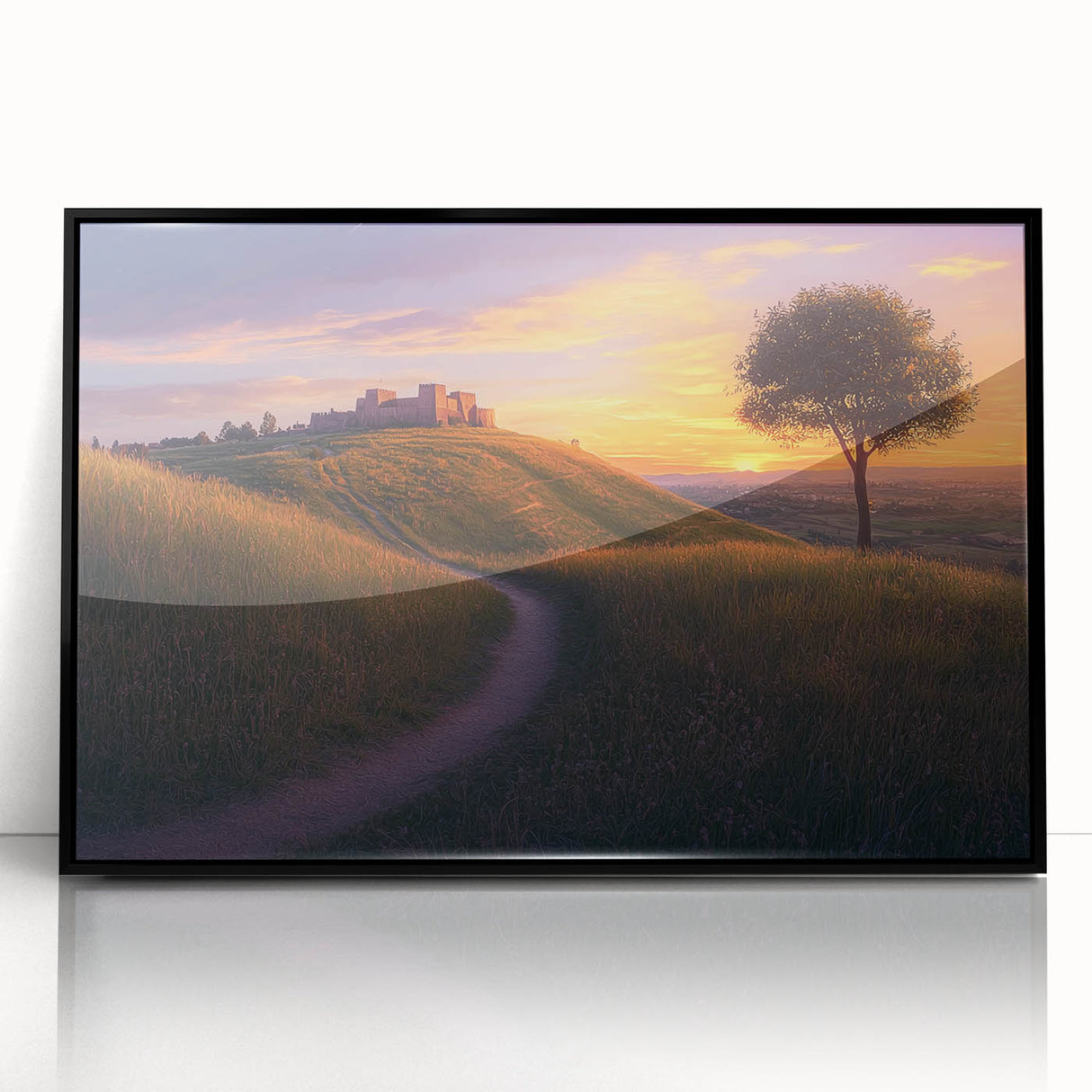 Framed acrylic artwork showcasing a serene countryside landscape with lush greenery and rolling hills, presented in a sleek black frame for modern decor.