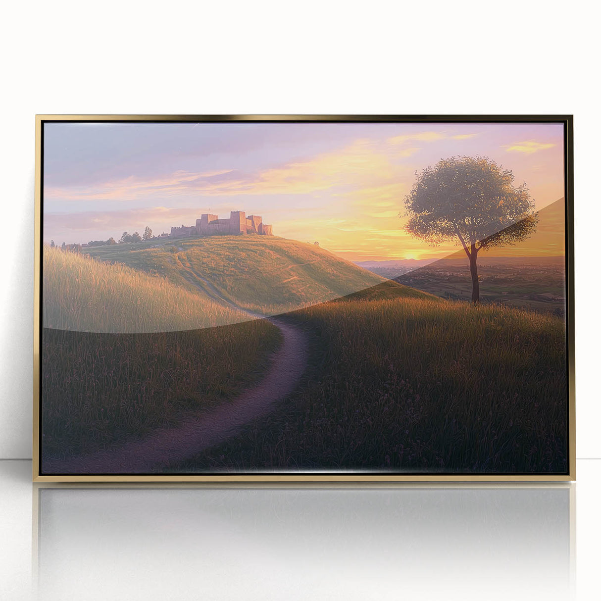 Framed acrylic artwork depicting a serene countryside landscape with rolling hills and a golden frame, perfect for enhancing home decor with nature's beauty.