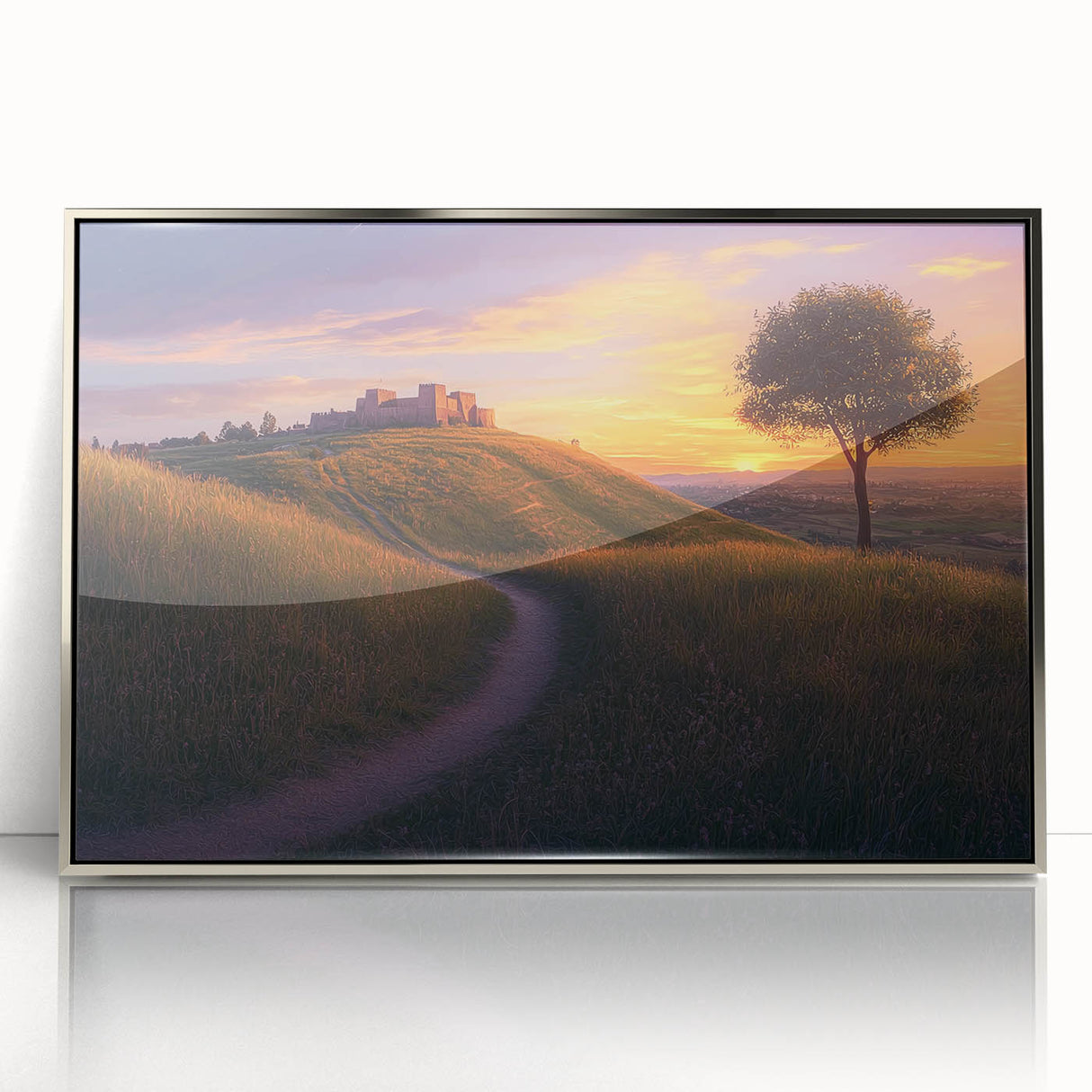 Framed acrylic artwork depicting a serene countryside landscape with vibrant green fields and a clear blue sky, set in an elegant silver frame, ideal for home decor.