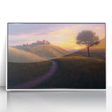 Framed acrylic landscape artwork depicting a serene countryside scene with vibrant greens and blues, set in a sleek white frame, ideal for home decor.