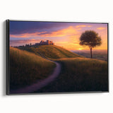 Framed canvas artwork depicting a serene countryside landscape, featuring vibrant greens and soft blues, with a sleek black frame enhancing its elegance. Ideal for home decor.