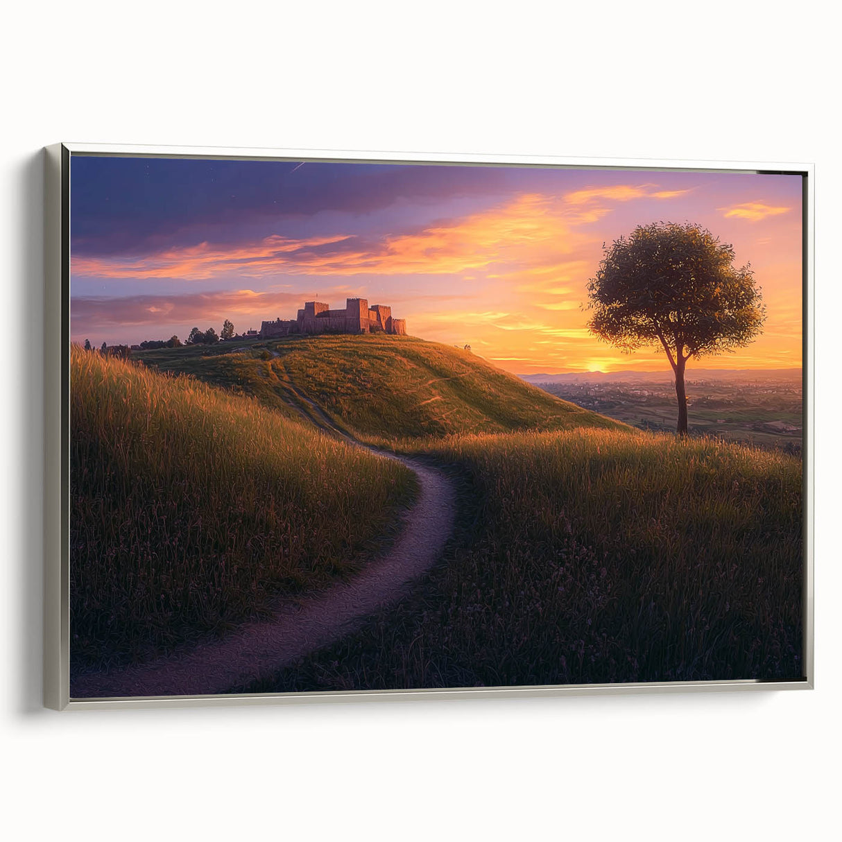 Framed canvas artwork showcasing a serene countryside landscape with vibrant green fields and a clear blue sky, set in an elegant silver frame, ideal for home decor.