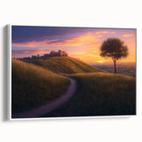 Framed canvas artwork showcasing a serene countryside landscape in vibrant colors, set against a sleek white frame, ideal for home decor enhancement.