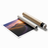 Rolling countryside landscape print showcasing vibrant green fields, rolling hills under a blue sky, elegantly packaged in a protective cardboard tube.