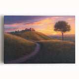 Stretched canvas artwork showcasing a serene countryside landscape with rolling hills, vibrant greenery, and a clear blue sky, perfect for home decor.