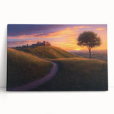 Stretched canvas artwork depicting a serene countryside landscape with rolling hills and vibrant greenery, leaning against a rustic wall, perfect for home decor.