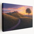 Stretched canvas artwork depicting a serene countryside landscape with vibrant green fields and a clear blue sky, showcasing natural beauty and tranquility.