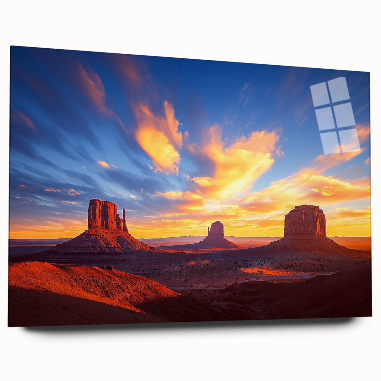 Desert landscape acrylic glass artwork showcasing vibrant hues of orange and yellow, highlighting a serene sunset scene with striking mountain silhouettes in the background.