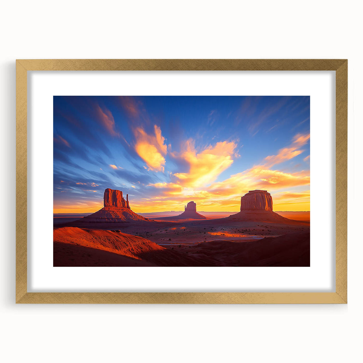 Desert landscape art print framed in gold with a mat, showcasing warm earth tones and intricate details, perfect for enhancing modern home decor.