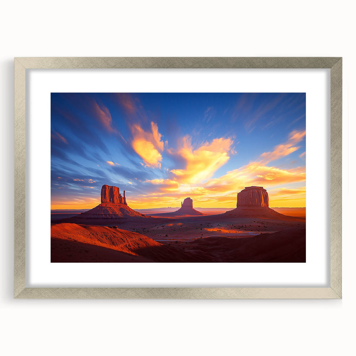 Framed desert landscape artwork with a silver mat, showcasing warm sandy tones and a serene atmosphere, perfect for enhancing home decor or office spaces.